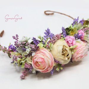Pink Lavender Halo Flower Crown Tieback Boho Chic